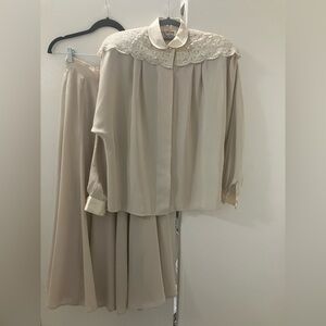 Oleg Cassini Vintage 80s Off White Blouse 8 Swing Midi Skirt 12 Two Piece Dress